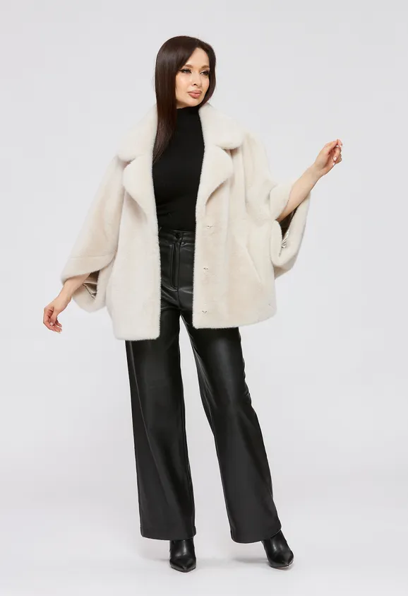 Фото Шуба из эко норки цвета жемчуг с воротником - 7