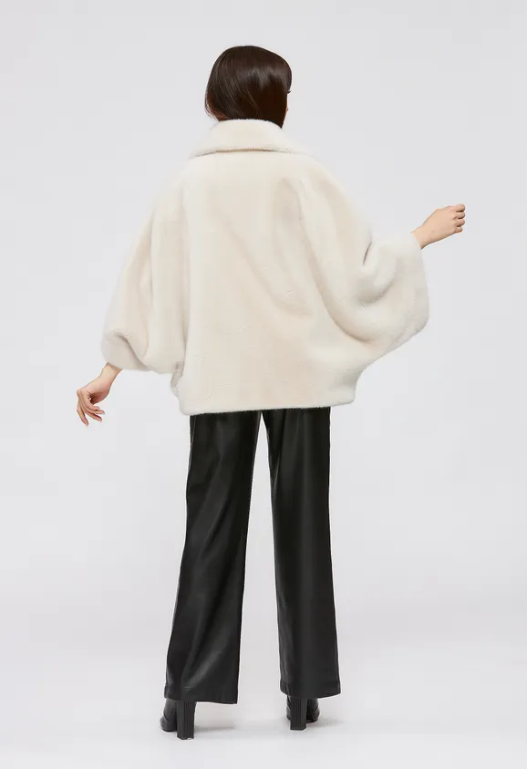 Фото Шуба из эко норки цвета жемчуг с воротником - 6