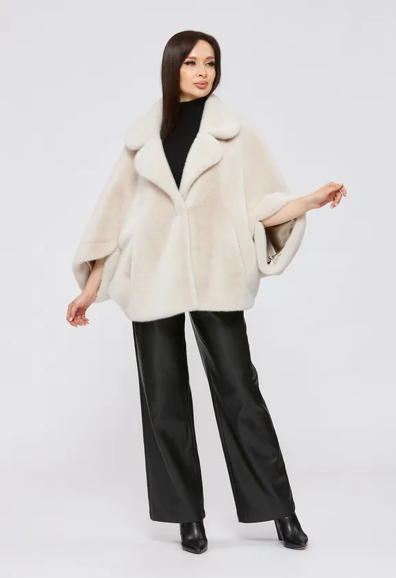 Фото Шуба из эко норки цвета жемчуг с воротником - 5