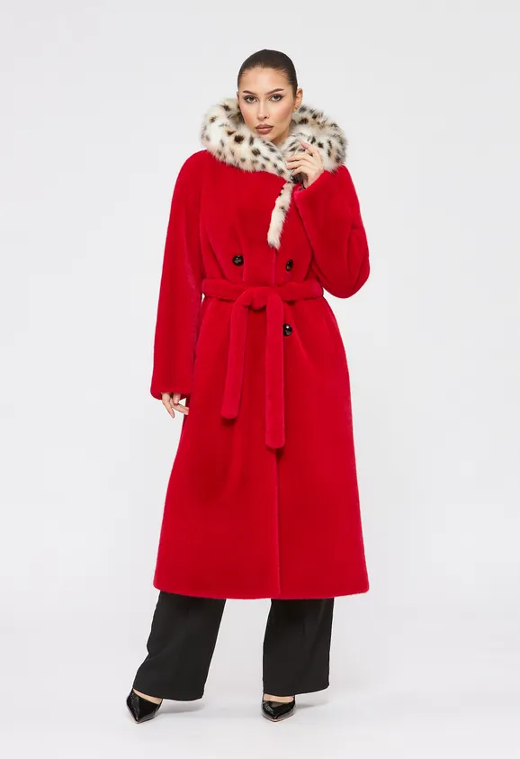 Фото Шуба из эко норки красная с капюшоном из эко рыси - 1