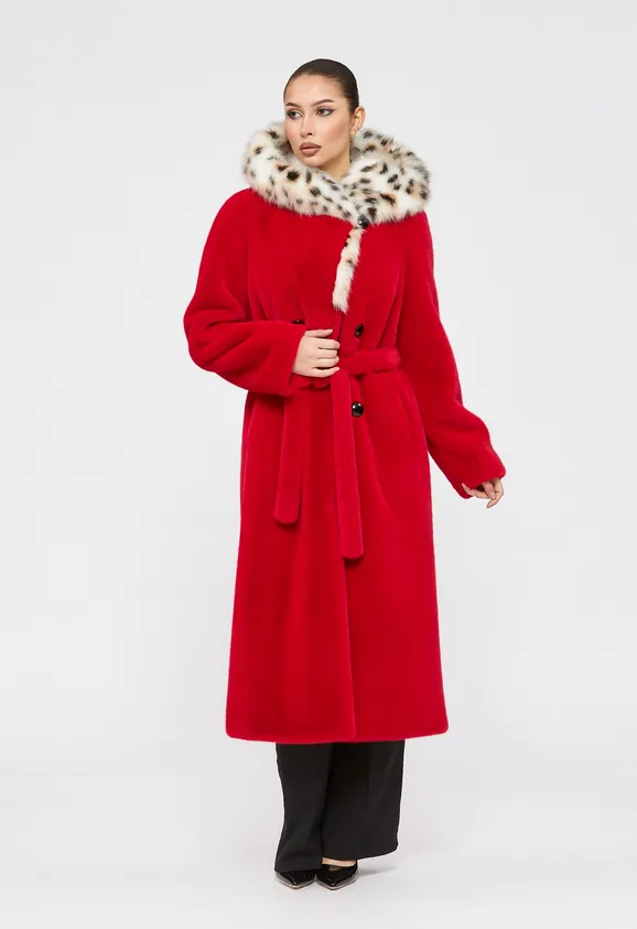 Фото Шуба из эко норки красная с капюшоном из эко рыси - 5