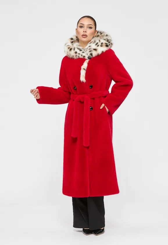 Фото Шуба из эко норки красная с капюшоном из эко рыси - 3