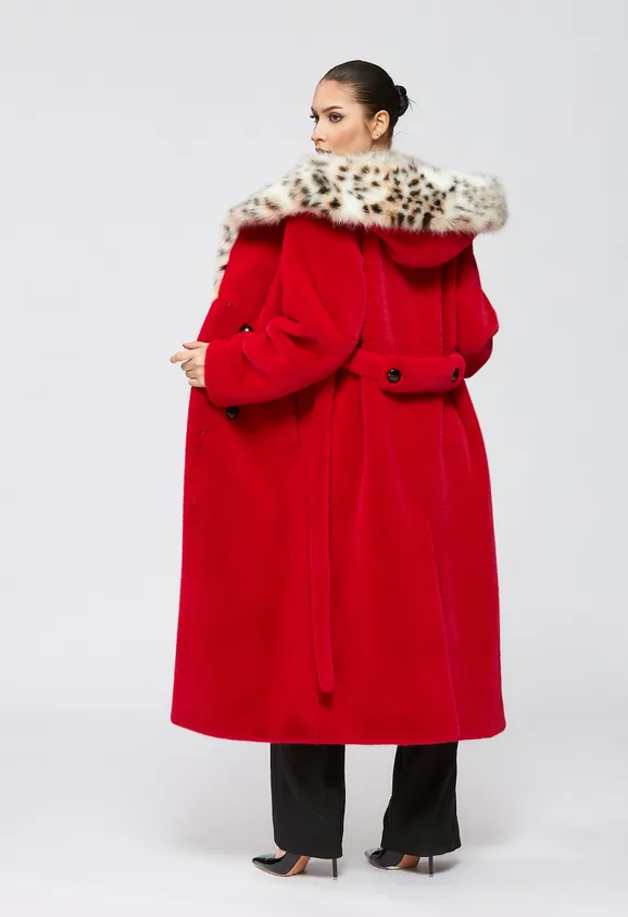 Фото Шуба из эко норки красная с капюшоном из эко рыси - 2
