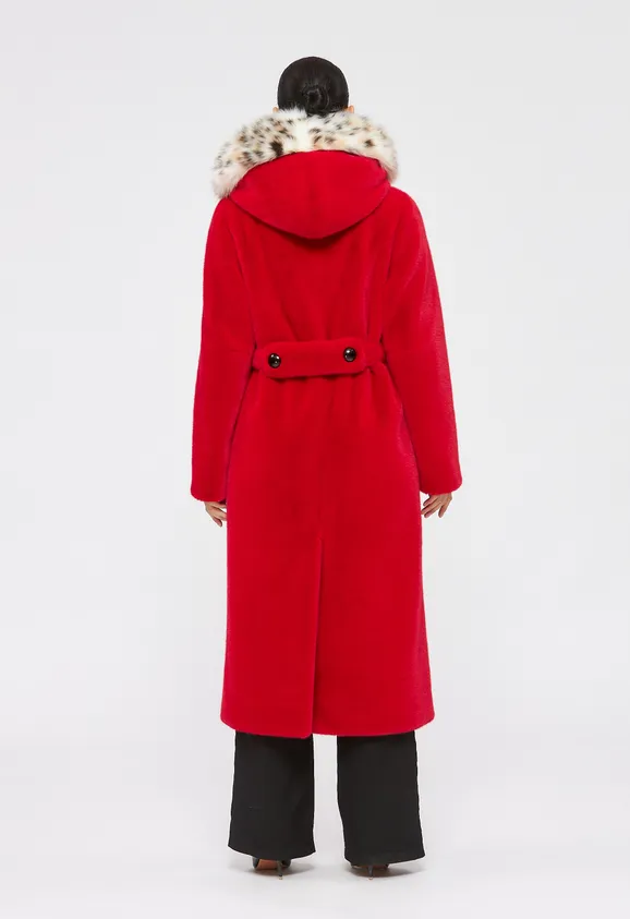 Фото Шуба из эко норки красная с капюшоном из эко рыси - 4