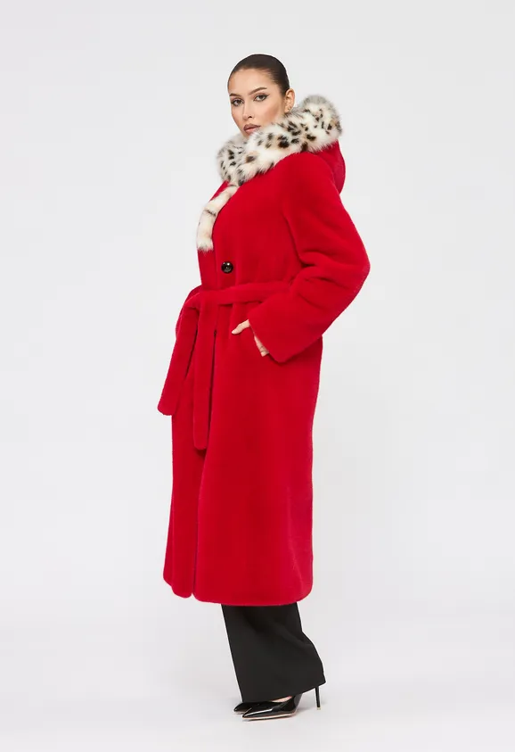 Фото Шуба из эко норки красная с капюшоном из эко рыси - 6