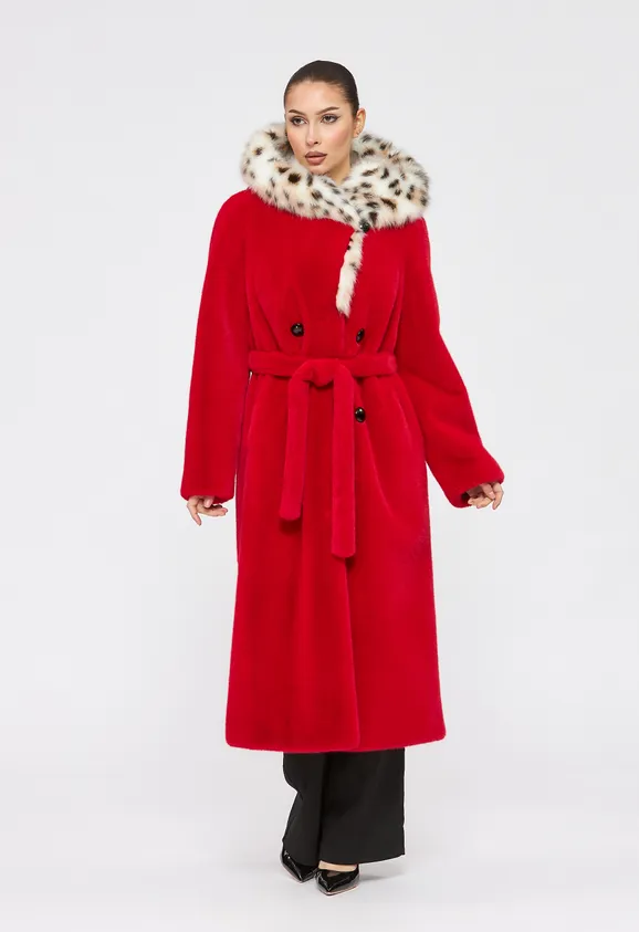 Фото Шуба из эко норки красная с капюшоном из эко рыси - 8