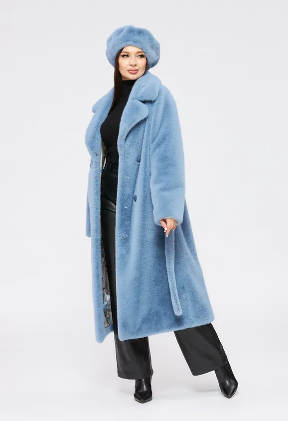 Фото Шуба из эко норки голубая с английским воротником - 7
