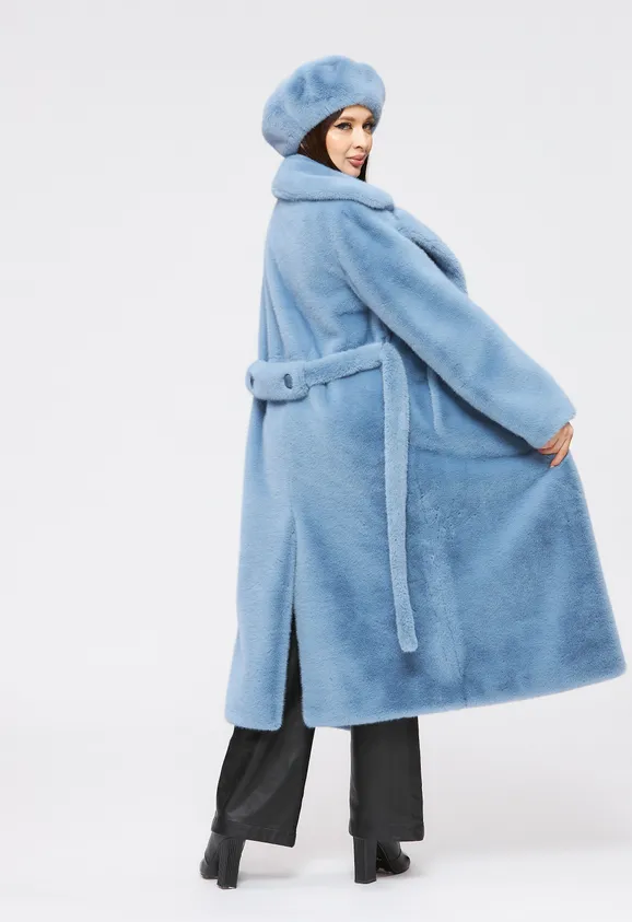 Фото Шуба из эко норки голубая с английским воротником - 9