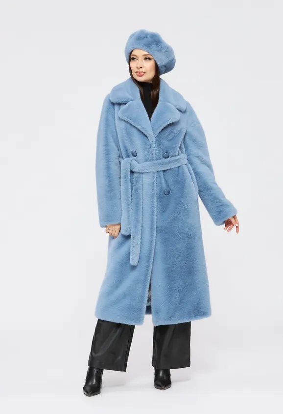 Фото Шуба из эко норки голубая с английским воротником - 2