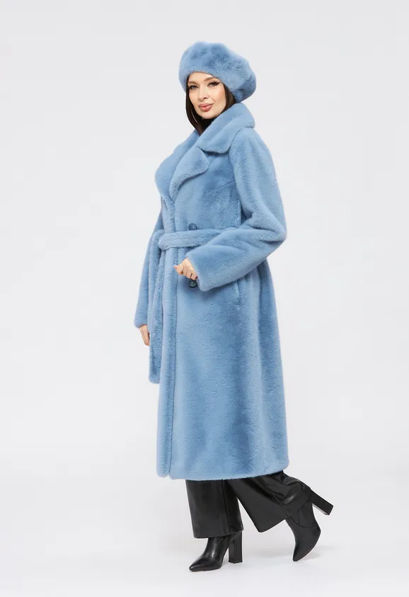Фото Шуба из эко норки голубая с английским воротником - 8