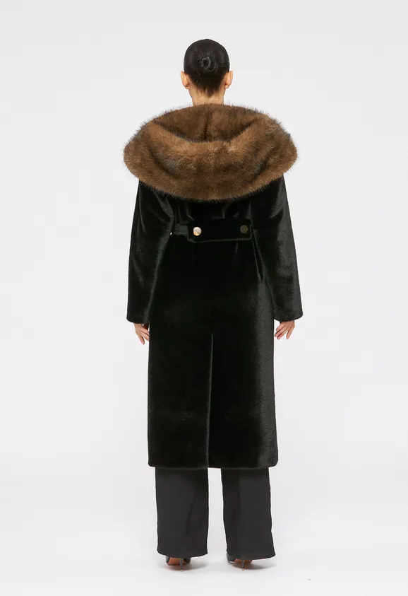 Фото Шуба из эко норки черная с капюшоном из эко соболя - 3