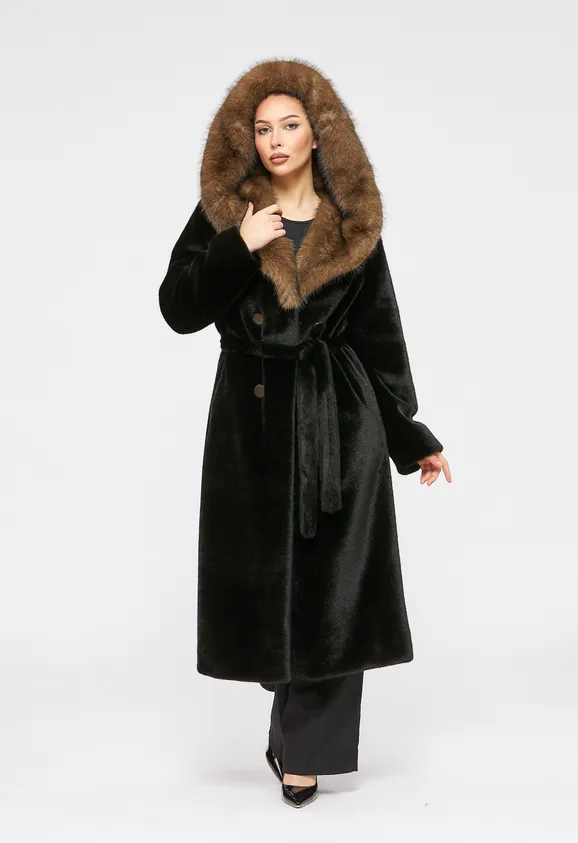 Фото Шуба из эко норки черная с капюшоном из эко соболя - 1