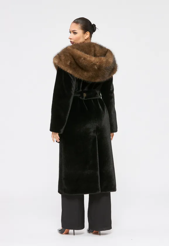 Фото Шуба из эко норки черная с капюшоном из эко соболя - 6