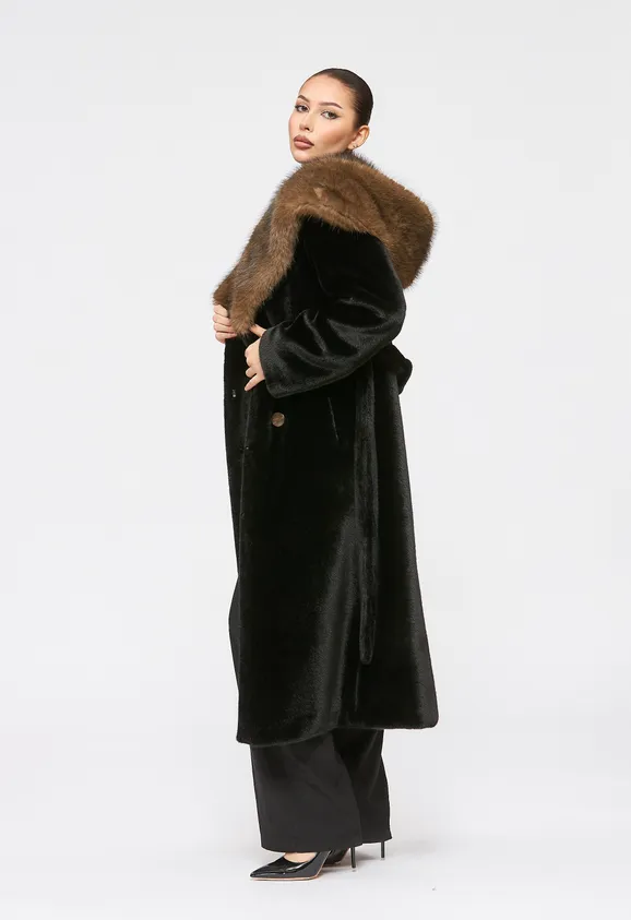 Фото Шуба из эко норки черная с капюшоном из эко соболя - 8