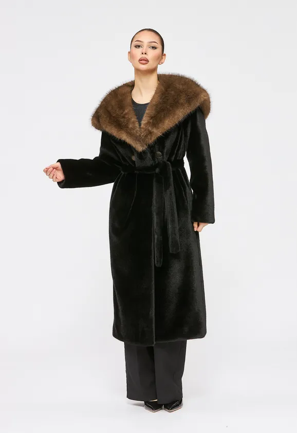 Фото Шуба из эко норки черная с капюшоном из эко соболя - 7