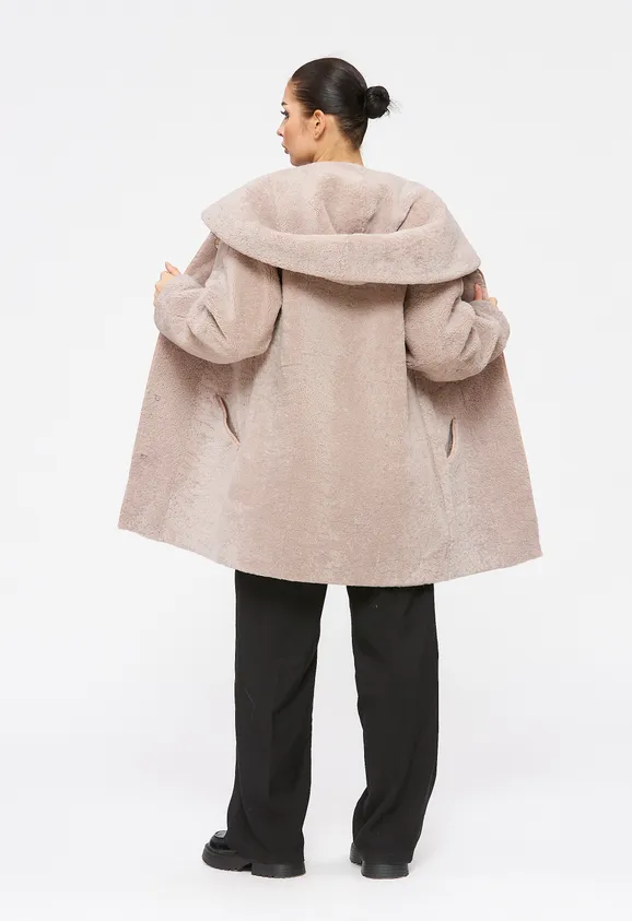 Фото Шуба из натурального астрагана керли пудра с капюшоном - 8