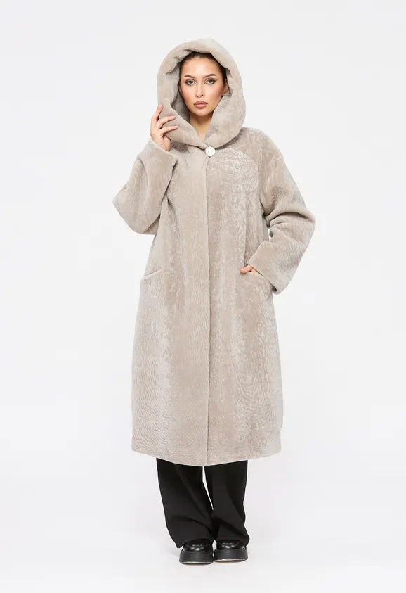 Фото Шуба из натурального астрагана жемчуг с капюшоном - 9