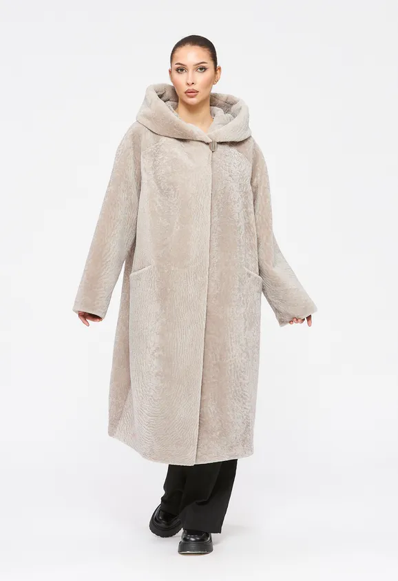 Фото Шуба из натурального астрагана жемчуг с капюшоном - 4