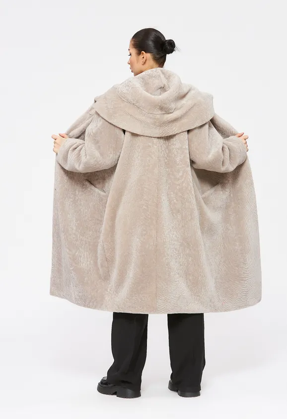 Фото Шуба из натурального астрагана жемчуг с капюшоном - 8