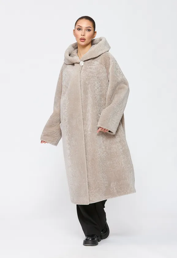 Фото Шуба из натурального астрагана жемчуг с капюшоном - 2