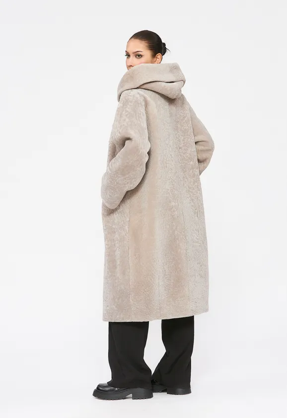 Фото Шуба из натурального астрагана жемчуг с капюшоном - 5