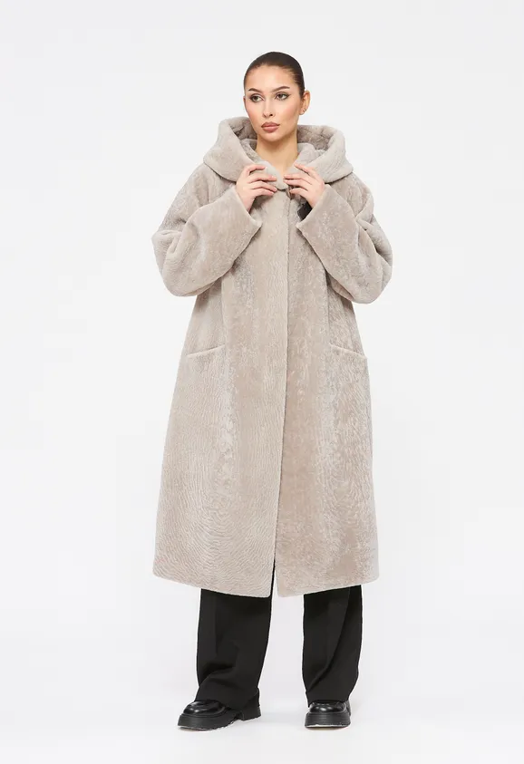 Фото Шуба из натурального астрагана жемчуг с капюшоном - 10