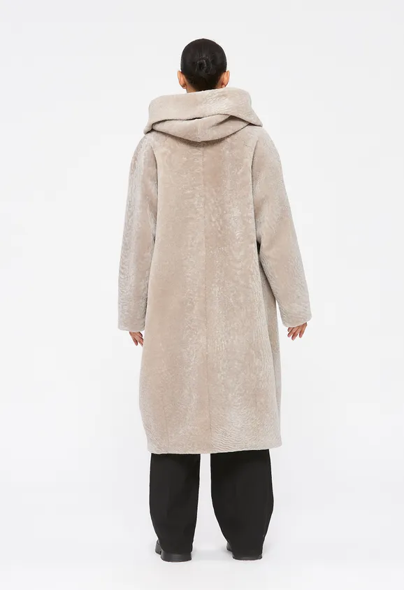 Фото Шуба из натурального астрагана жемчуг с капюшоном - 6