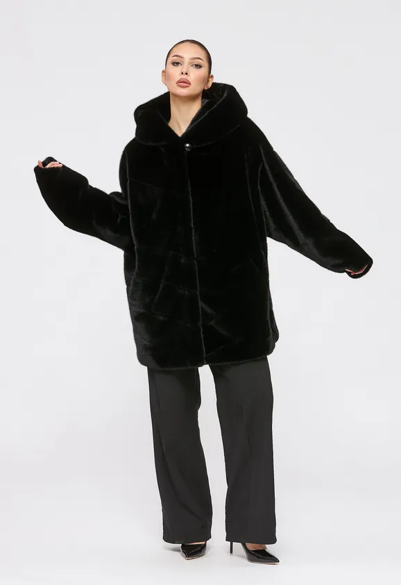 Фото Шуба из эко норки черная с капюшоном - 3
