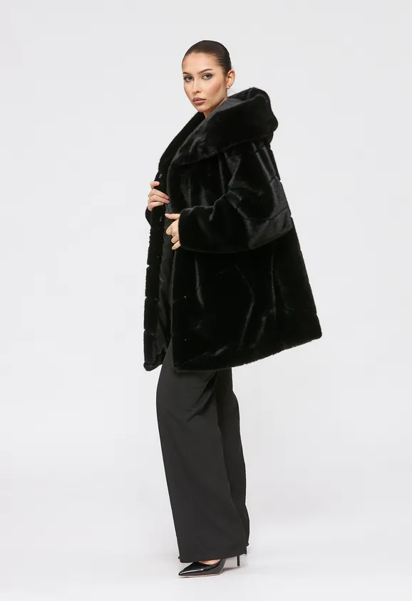 Фото Шуба из эко норки черная с капюшоном - 6