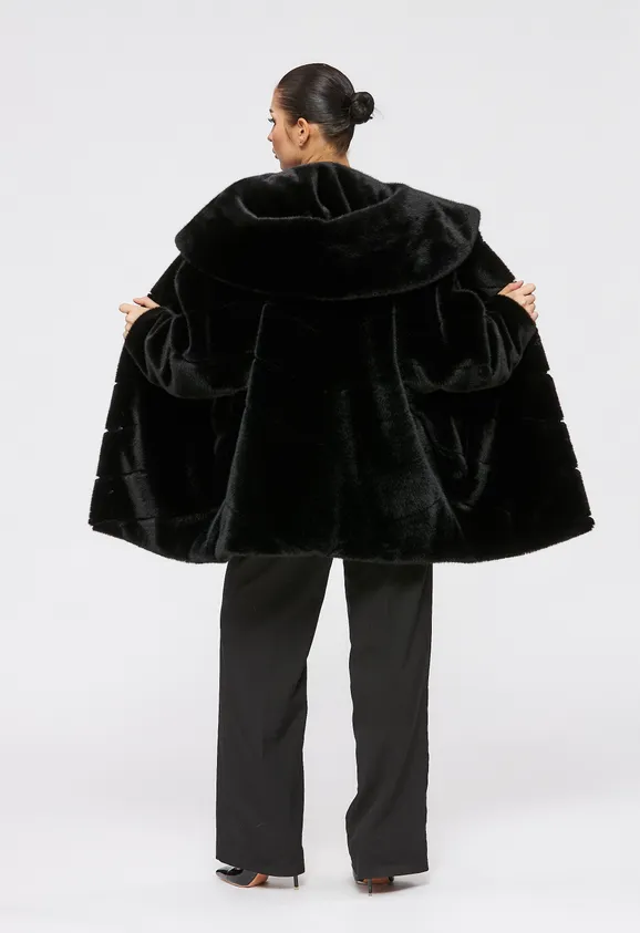 Фото Шуба из эко норки черная с капюшоном - 9