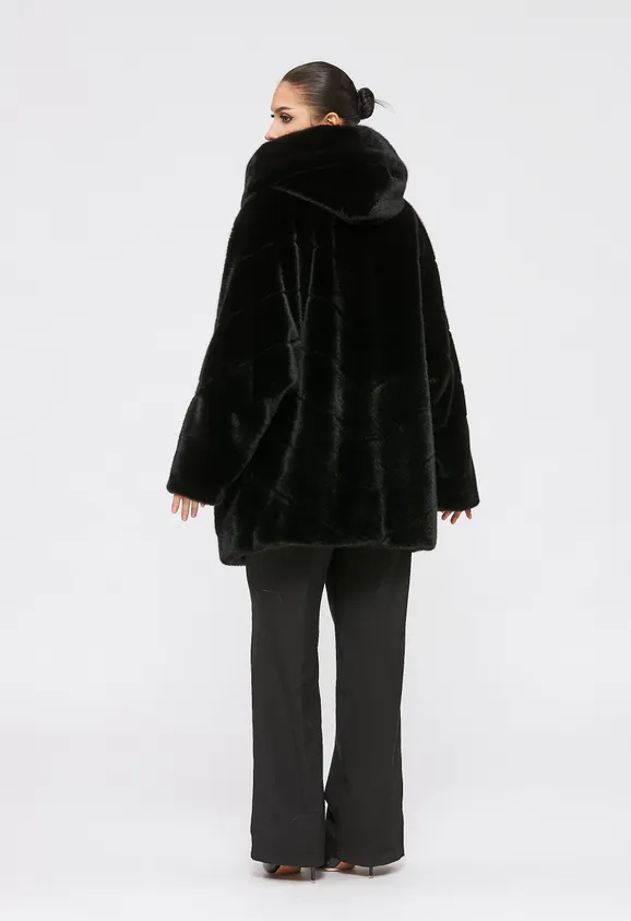 Фото Шуба из эко норки черная с капюшоном - 7