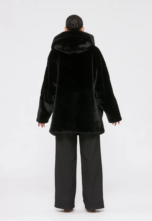 Фото Шуба из эко норки черная с капюшоном - 8