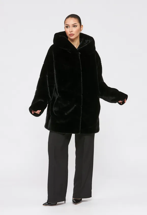 Фото Шуба из эко норки черная с капюшоном - 5