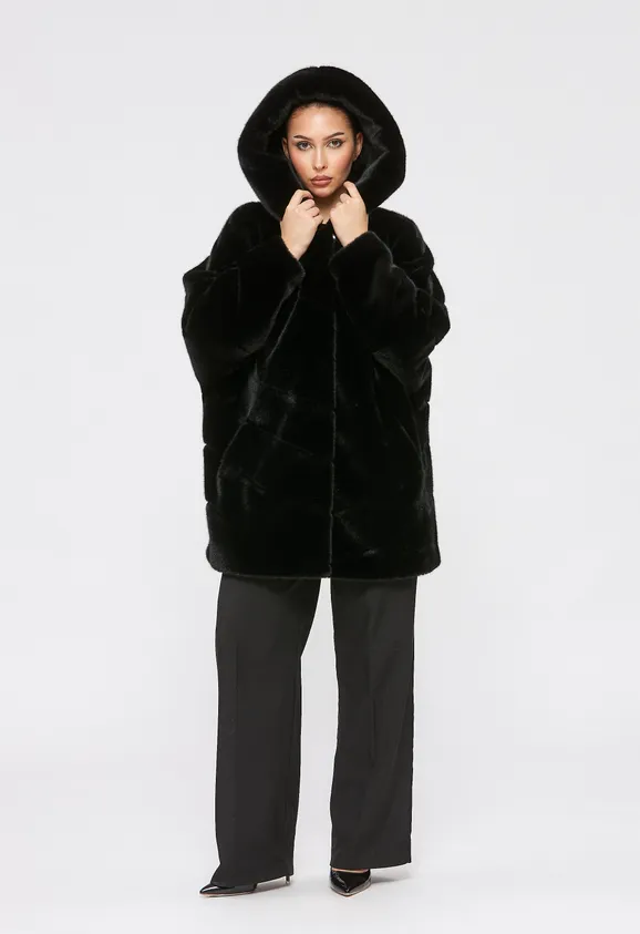 Фото Шуба из эко норки черная с капюшоном - 4