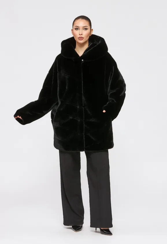 Фото Шуба из эко норки черная с капюшоном - 2