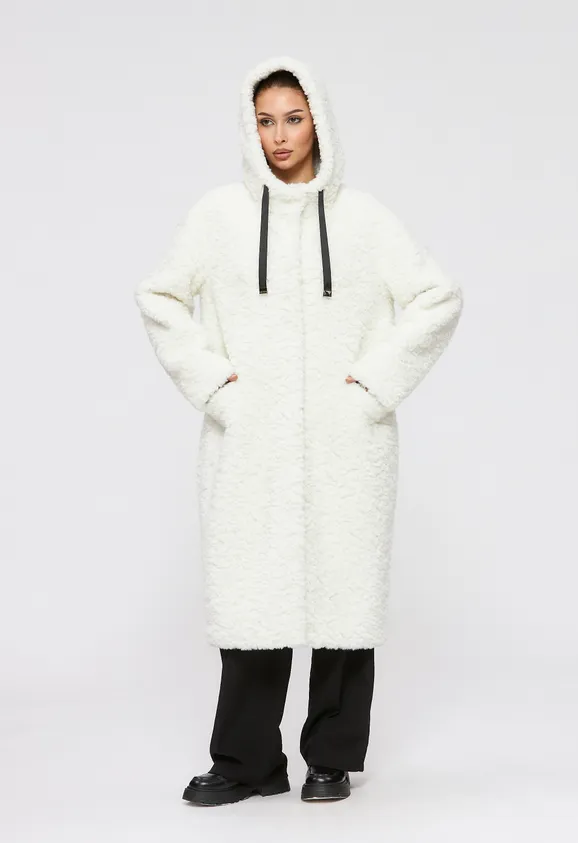 Фото Пальто из натуральной шерсти белое с капюшоном - 1