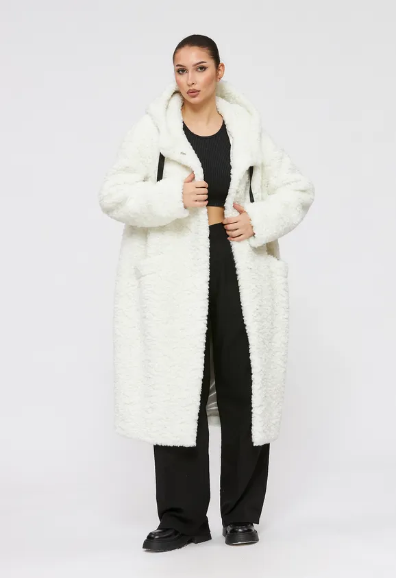 Фото Пальто из натуральной шерсти белое с капюшоном - 6