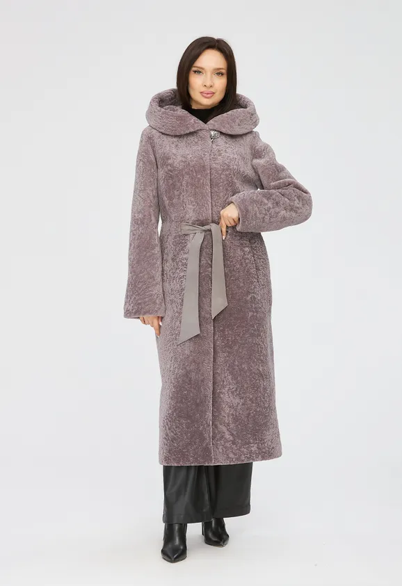 Фото Шуба из натурального астрагана лаванда с капюшоном - 5