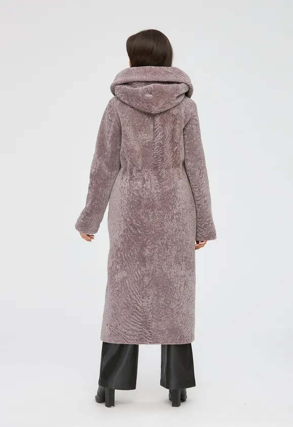 Фото Шуба из натурального астрагана лаванда с капюшоном - 3