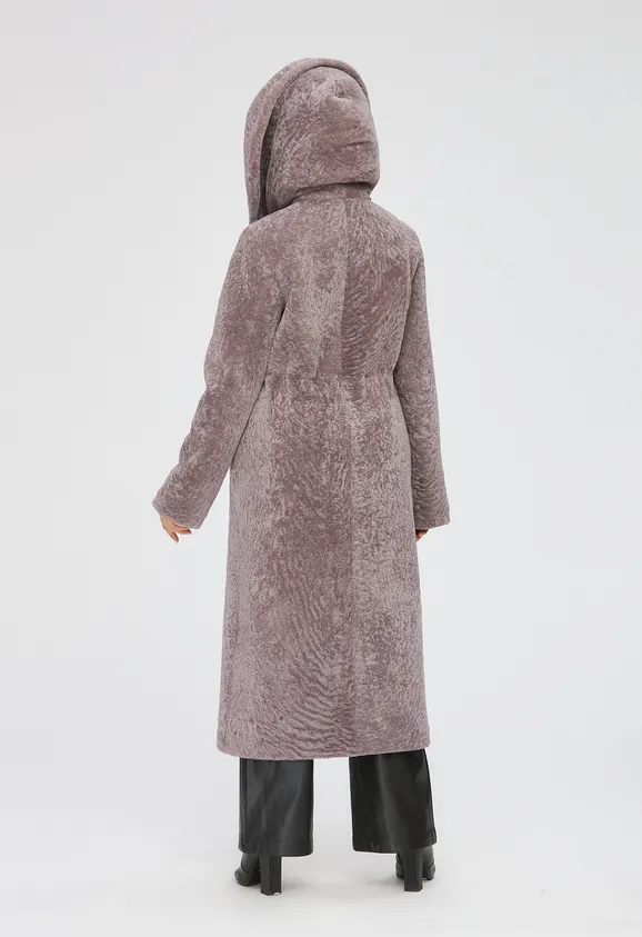 Фото Шуба из натурального астрагана лаванда с капюшоном - 8