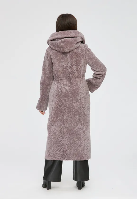 Фото Шуба из натурального астрагана лаванда с капюшоном - 7