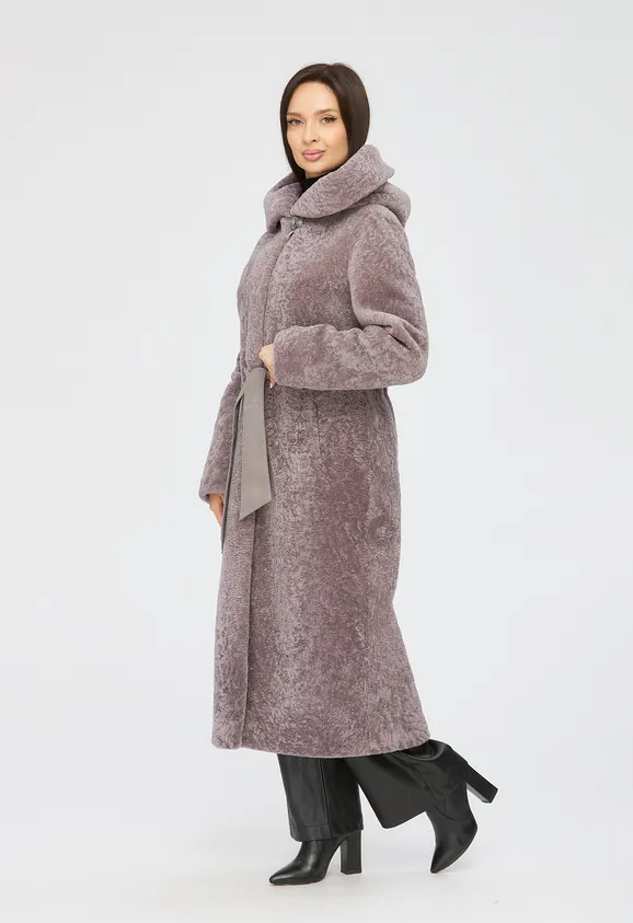 Фото Шуба из натурального астрагана лаванда с капюшоном - 2