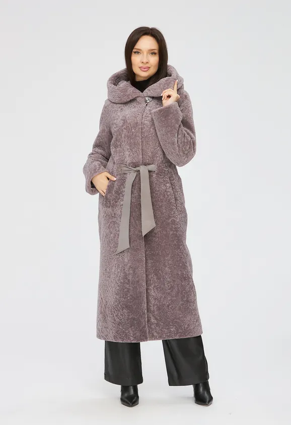 Фото Шуба из натурального астрагана лаванда с капюшоном - 4