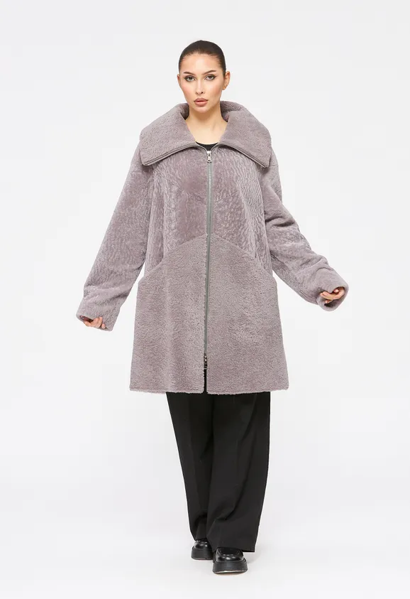 Фото Шуба из натурального астрагана керли лаванда с воротником стойка - 2