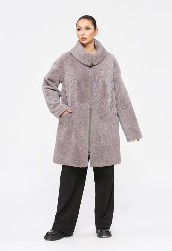 Фото Шуба из натурального астрагана керли лаванда с воротником стойка - 6