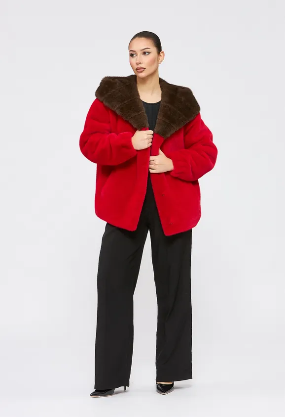 Фото Шуба из эко норки красная с капюшоном - 2