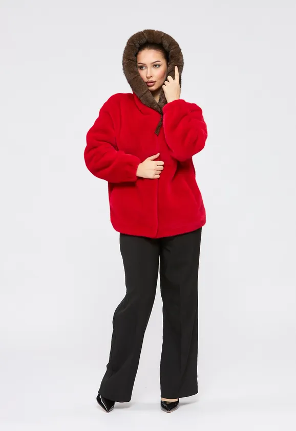 Фото Шуба из эко норки красная с капюшоном - 1