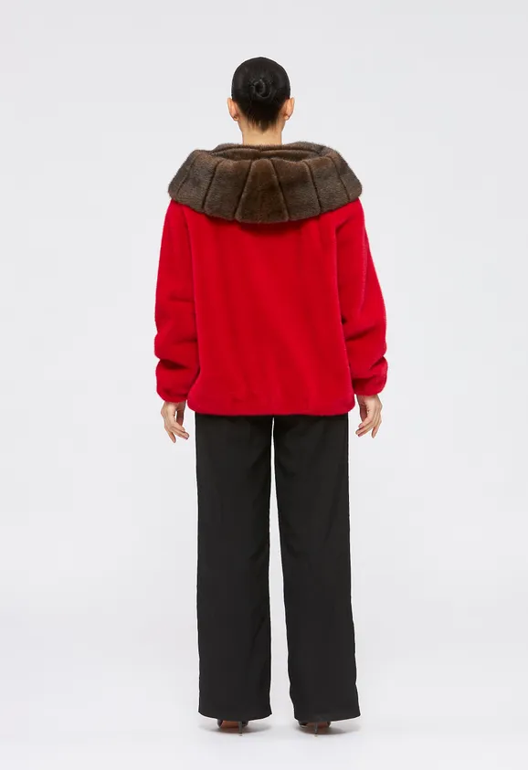 Фото Шуба из эко норки красная с капюшоном - 4