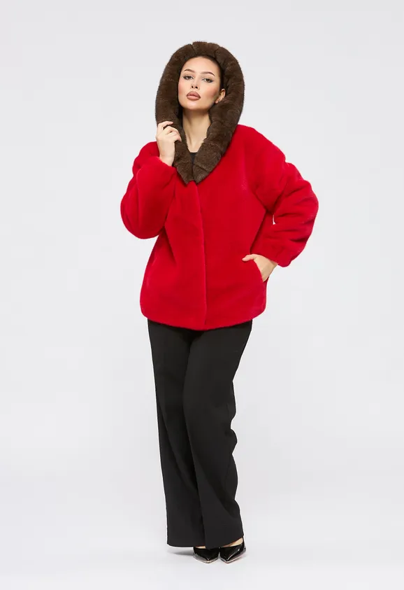 Фото Шуба из эко норки красная с капюшоном - 3