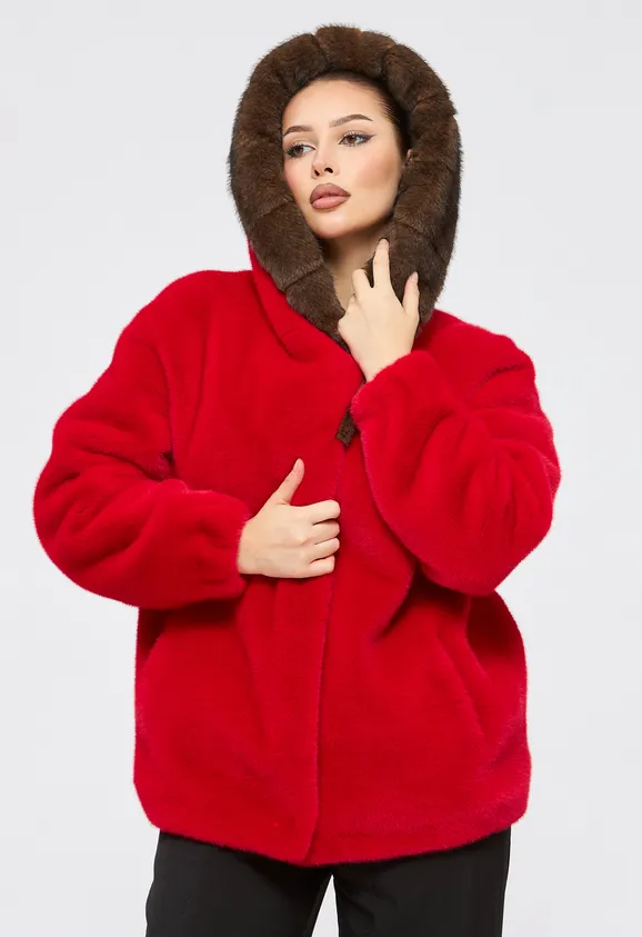 Фото Шуба из эко норки красная с капюшоном - 10